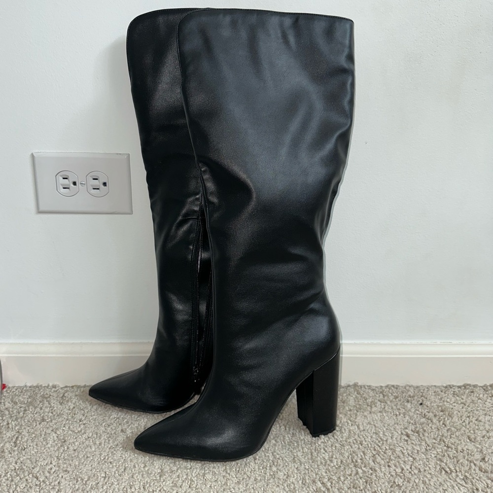 Faux Black Leather Heeled Boots